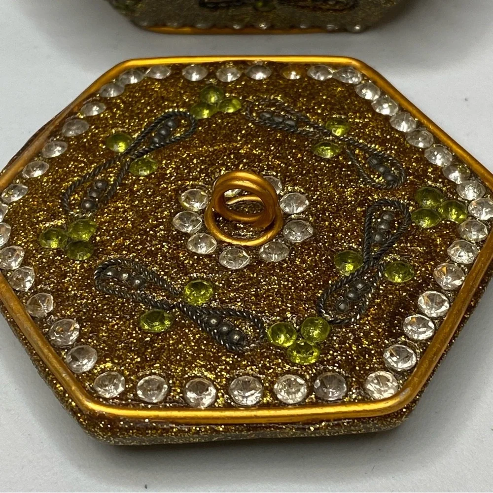 Vintage Gold Sparkly Enameled Bejeweled Trinket Jewelry Box Moroccan Mosaic